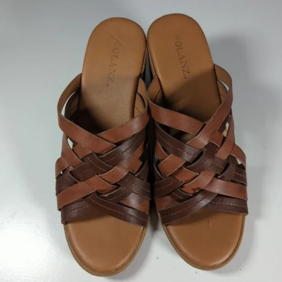 Solanz 7.5 M Sandals Brown Weaved‎ Block Heel Open Toe 90s Y2K - Picture 2 of 6